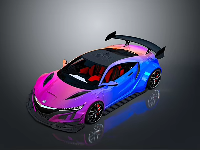 Vibrant Gradient Colored Sports Car With Black Roof Large Rear Spoiler Red Interior And Wheels 3d model