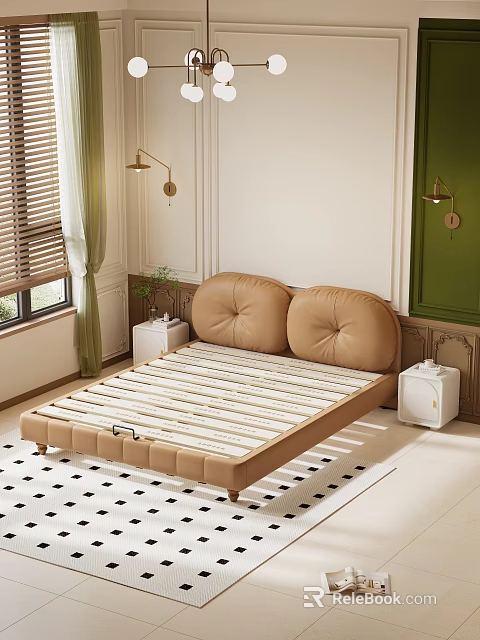 Modern Bedroom Interior With Beige Round Padded Headboard Slatted Mattress Base And Wall Lamps 3d model 