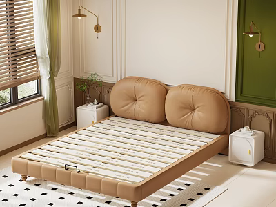 Modern Bedroom Interior With Beige Round Padded Headboard Slatted Mattress Base And Wall Lamps 3d model