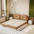 Modern Bedroom Interior With Beige Round Padded Headboard Slatted Mattress Base And Wall Lamps