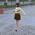 Woman Standing On Green Grass Wearing Yellow Top And Brown Skirt With Arms Outstretched