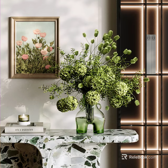 Green Double Mouthed Vase With Green Flowers And Plants On Marble Table White Wall Art 3d model 