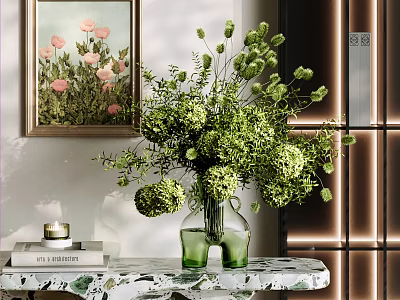 Green Double Mouthed Vase With Green Flowers And Plants On Marble Table White Wall Art 3d model