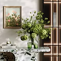 Green Double Mouthed Vase With Green Flowers And Plants On Marble Table White Wall Art