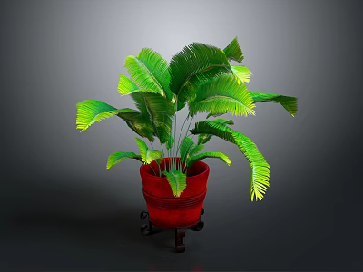 Indoor Potted Plant Decoration With Green Leaves Red Pot And Wheeled Stand 3d model