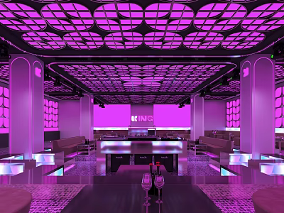 Modern Bar Interior With Purple Lighting Grid Ceiling And Sofa Seating 3d model