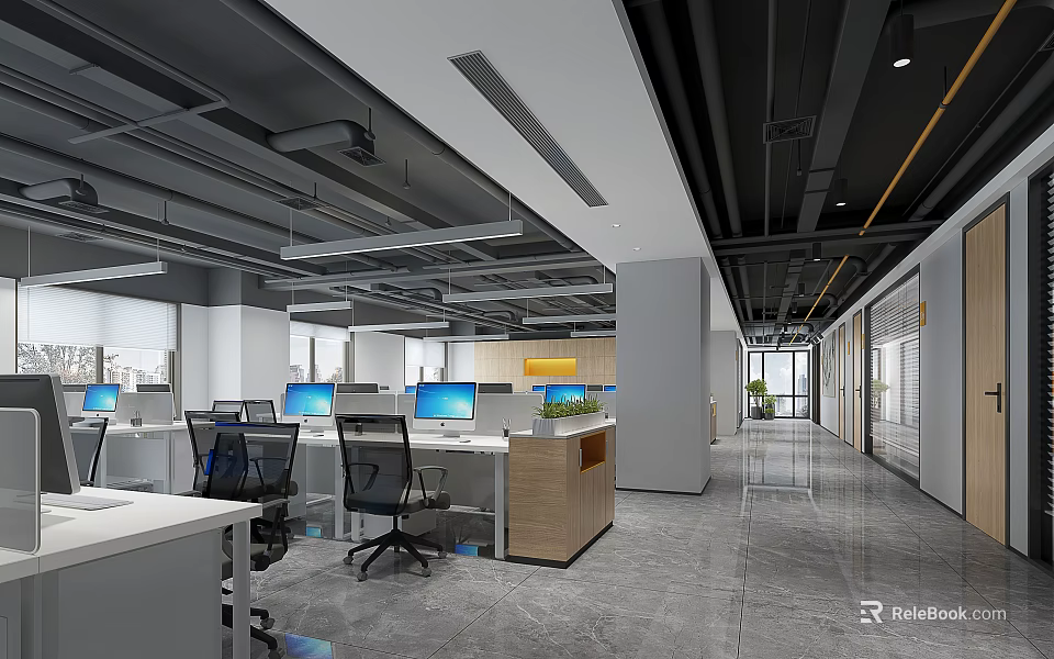 Modern Spacious Public Office Area With Desks Computers Office Chairs And Green Plants 3d model 