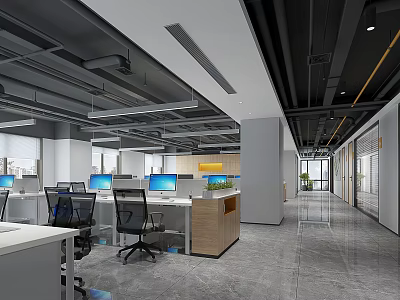 Modern Spacious Public Office Area With Desks Computers Office Chairs And Green Plants 3d model