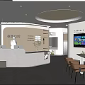 Modern Dental Clinic Reception Area Featuring Reception Desk TV Screen And Tables Chairs