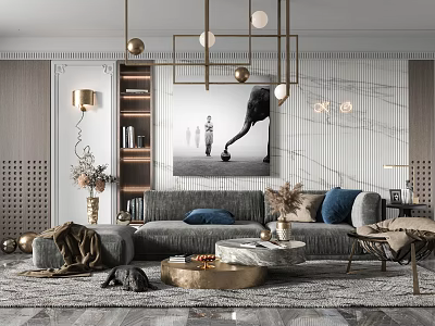 Modern Sofa and Coffee Table Set with Blue Pillows Marble Top Decorative Wall Art 3d model