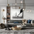 Modern Sofa and Coffee Table Set with Blue Pillows Marble Top Decorative Wall Art