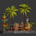 Cartoon Scene With Palm Trees Scarecrow Clay Pots And Wooden Barrels On Circular Platform