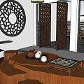 Traditional Chinese Dining Room With Wooden Tables Chairs Lanterns And Screen