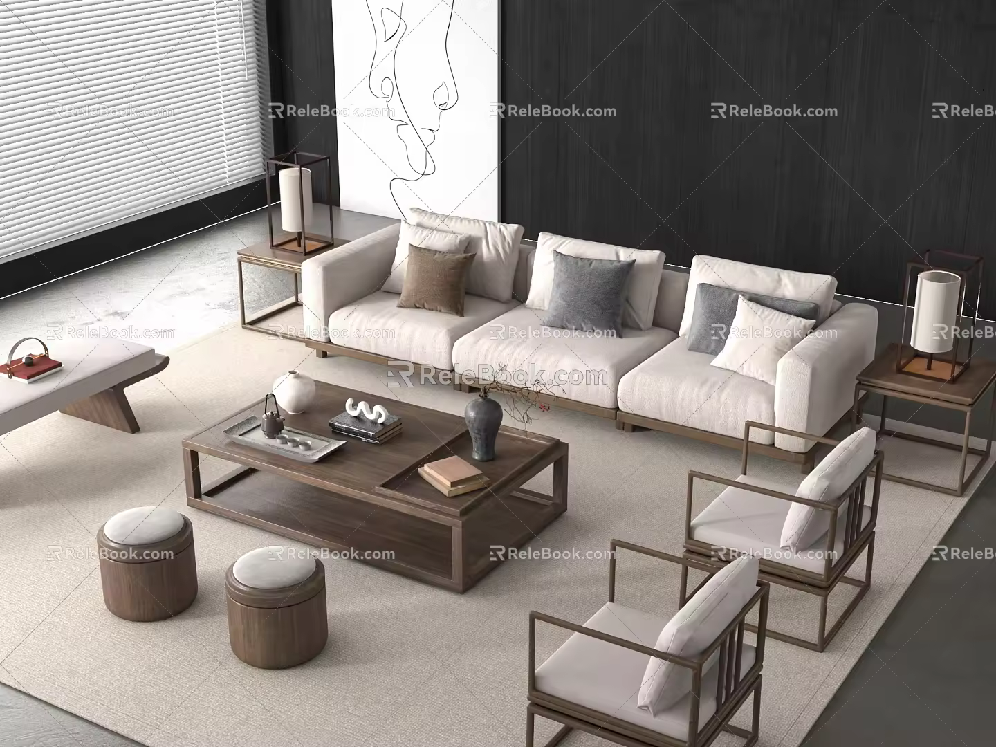 New Chinese Sofa Combination Song Style Coffee Table Leisure Chair Bench Side Table 3d model
