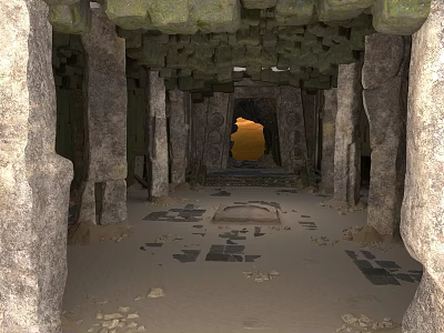 Ancient Stone Cave Interior With Pillars Stone Slabs And Glowing Entrance 3d model