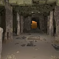 Ancient Stone Cave Interior With Pillars Stone Slabs And Glowing Entrance