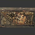Ancient Wooden Water Vessel Model with Lanterns Stones and Ornate Wooden Frame