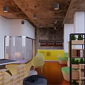 Industrial Clubhouse Interior With Exposed Ceiling Concrete Pillar Game Tables Sofa Seating And Indoor Plants