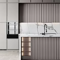 Modern Kitchen Interior With Gray Cabinets Marble Countertop Island And Vertical Striped Backsplash