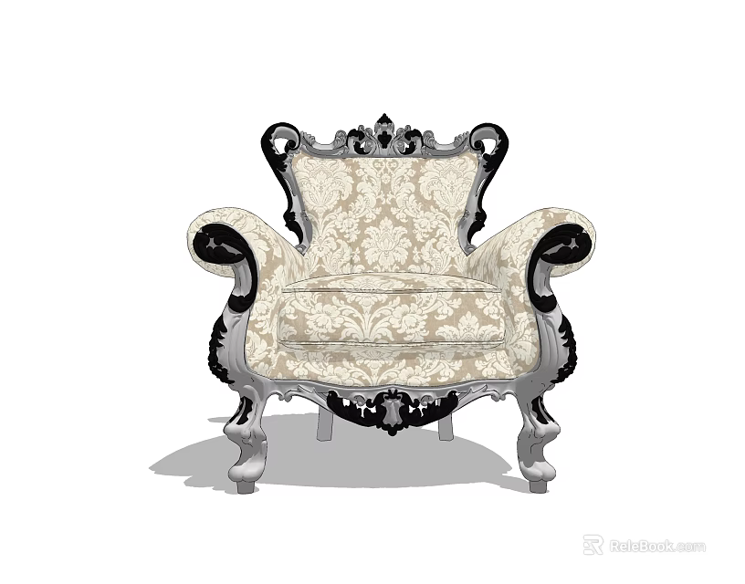 Classic Single Sofa With Ornate Carved Design Black Accented Arms And Floral Upholstery 3d model 