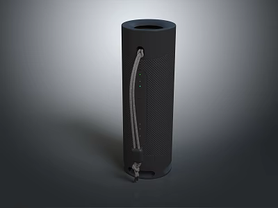 Black Cylindrical Portable Speaker With Mesh Surface And Carry Strap Design 3d model
