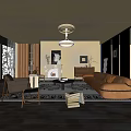 Modern Living Room Interior With Orange Sofa Fireplace Ceiling Lamp And Area Rug