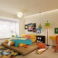 Colorful Kids Room Interior With Playful Bedding Cartoon Posters Desk Orange Chair And Floor Toys