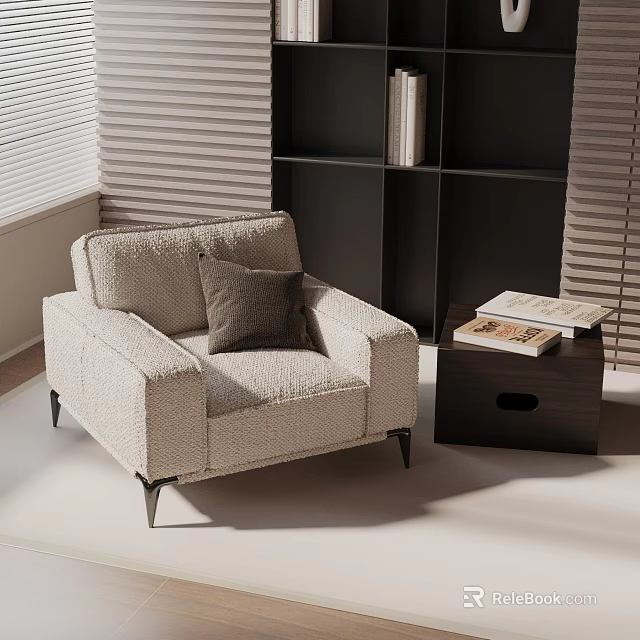 Beige Woven Texture Accent Chair Featuring Dark Throw Pillow And Side Table With Books 3d model 
