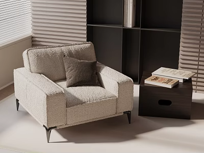 Beige Woven Texture Accent Chair Featuring Dark Throw Pillow And Side Table With Books 3d model