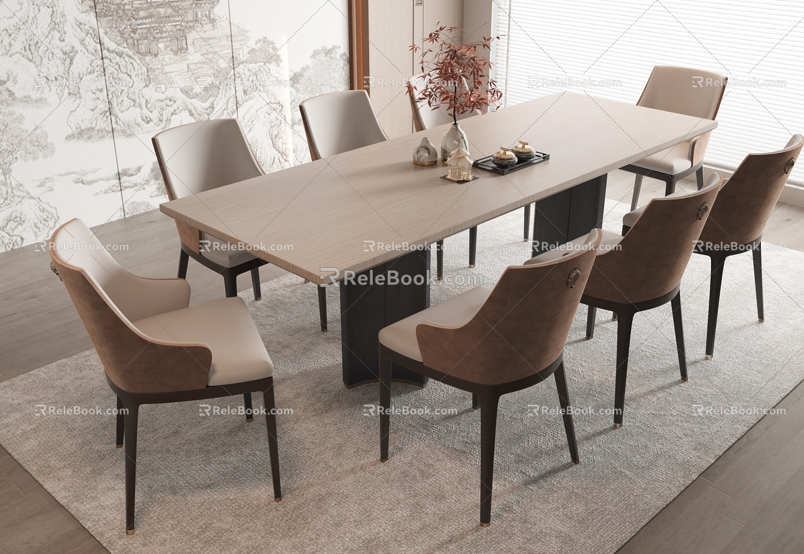 New Chinese Dining Table and Chair Rectangular Dining Table Dining Chair Single Chair Background Wall 3d model