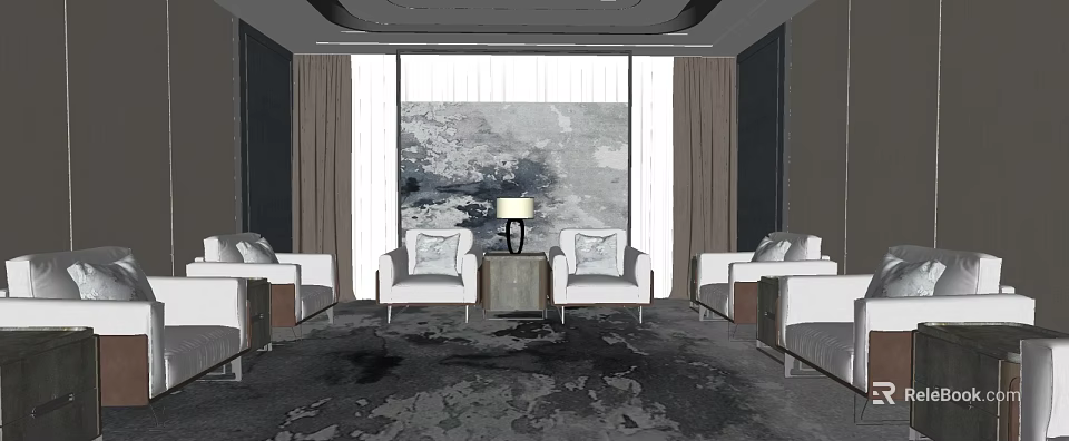 Elegant Hotel Public Lounge With White Sofas Table Lamp Large Window Curtains And Decorative Carpet 3d model 