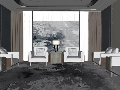 Elegant Hotel Public Lounge With White Sofas Table Lamp Large Window Curtains And Decorative Carpet 3d model