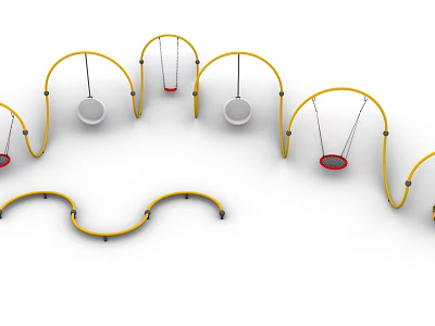 Outdoor Playground Equipment Featuring Yellow Curved Frames With Red And White Swings 3d model