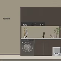 Modern Wooden Balcony Cabinet With Countertop Faucet Washing Machine And Plant