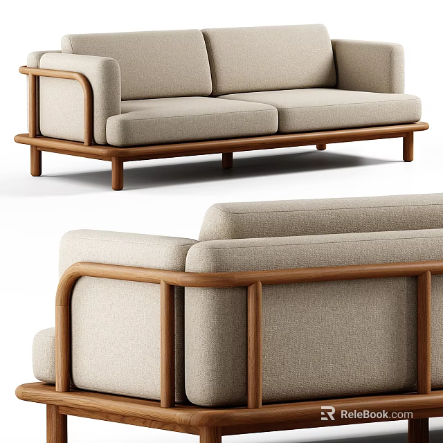 Minimalist Modern Sofa With Beige Fabric Upholstery And Brown Wooden Frame Design Details 3d model 