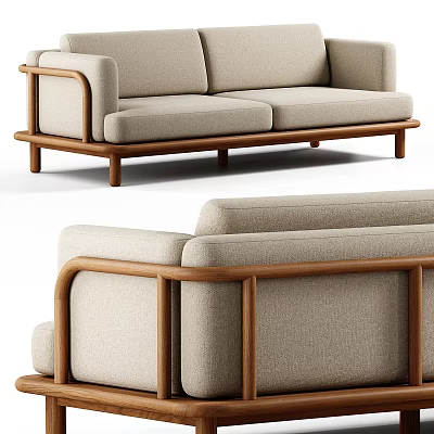 Minimalist Modern Sofa With Beige Fabric Upholstery And Brown Wooden Frame Design Details 3d model