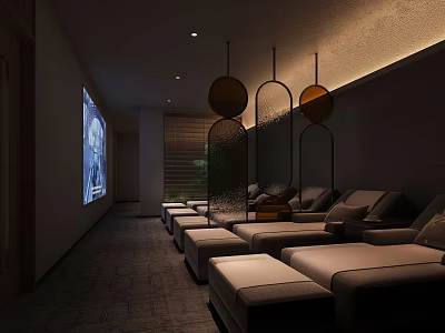 Modern SPA Sauna Room With Comfortable Loungers Large Screen Decorative Pendant Lights And Warm Lighting 3d model