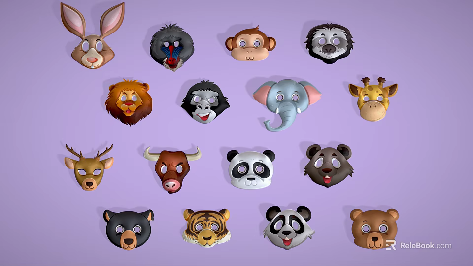 Collection of Cute Cartoon Animal Heads in Vibrant Colors and Styles 3d model 