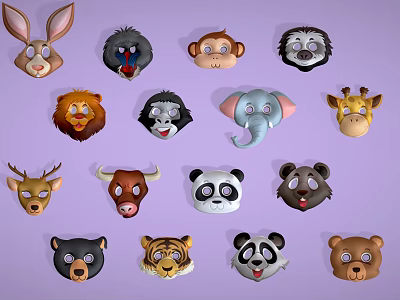 Collection of Cute Cartoon Animal Heads in Vibrant Colors and Styles 3d model