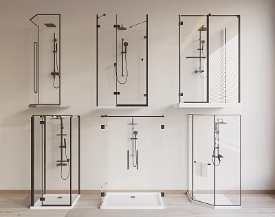 Various Modern Shower Systems With Glass Enclosures And Black Frame Designs 3d model