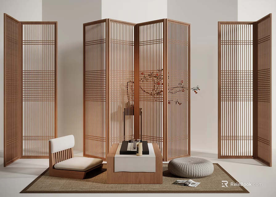 Wooden Room Divider With Lattice Design In Japanese Tea Room Setting 3d model 