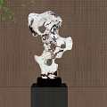 Artistic Hollow Stone Sculpture With Black Base And Latticed Wall Background