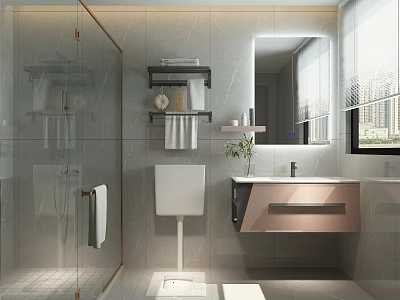 Modern Light Luxury Bathroom With Glass Shower Enclosure LED Mirror And Wall Mounted Vanity 3d model