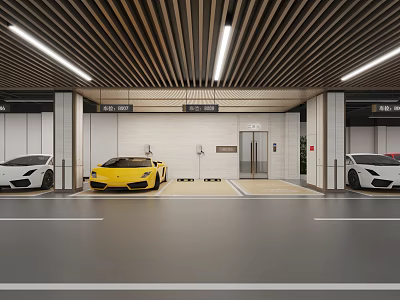 Modern Parking Garage Interior With Luxury Sports Cars Wooden Ceiling And Elevator 3d model
