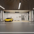 Modern Parking Garage Interior With Luxury Sports Cars Wooden Ceiling And Elevator