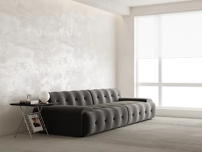 Black Tufted Multi Person Sofa In Modern Living Room With Side Table And Window Blinds 3d model