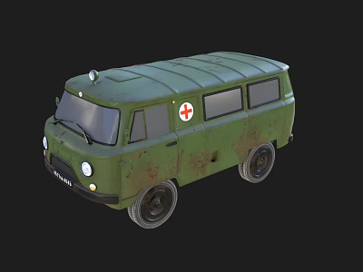 Military Green Rusty Vintage Emergency Ambulance Vehicle With Red Cross 3d model