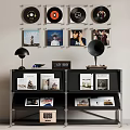 Modern Black Shelving Unit with Table Lamp Books Vinyl Records and Photos in Room