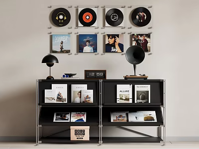 Modern Black Shelving Unit with Table Lamp Books Vinyl Records and Photos in Room 3d model