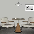 Modern Wooden Round Table and Upholstered Armchairs Set with Floor Rug Ceiling Lamp and Wall Art